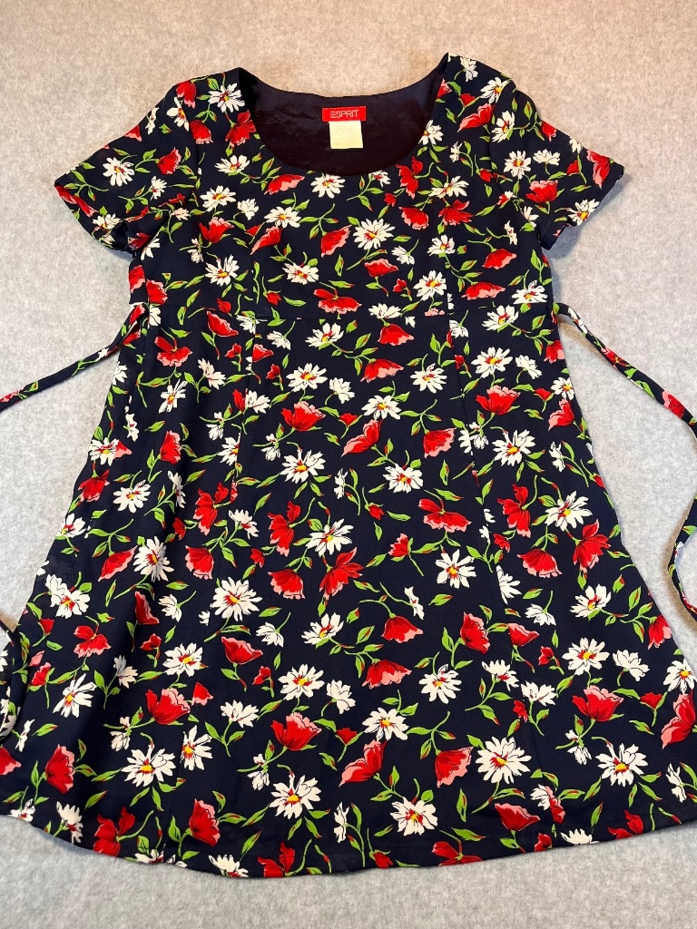 Vintage ESPRIT Floral Mini Dress 90s Navy Red Daisy Print Tie Waist A-Line Y2K
